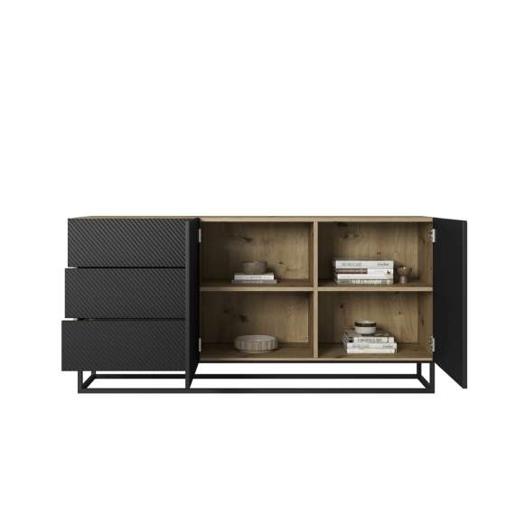 Skjenk Ash 167x81 cm - eik - sort - 2 dører - 3 skuffer