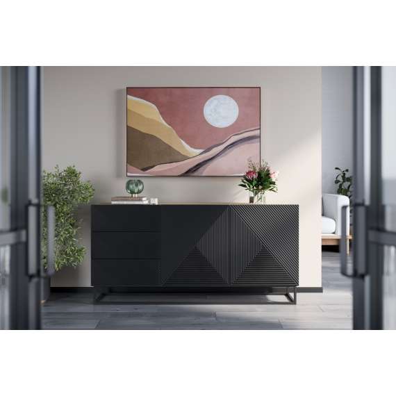 Skjenk Ash 167x81 cm - eik - sort - 2 dører - 3 skuffer