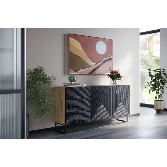 Skjenk Ash 167x81 cm - eik - sort - 2 dører - 3 skuffer