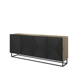 Skjenk Ash 200x81 cm - eik - sort - 4 dører - metallramme