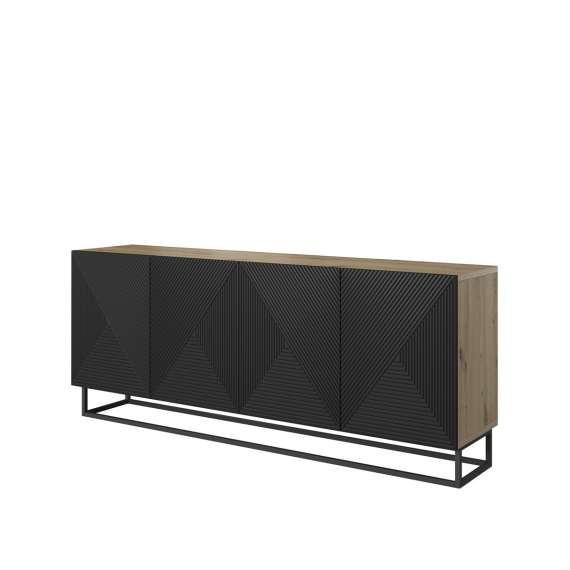 Skjenk Ash 200x81 cm - eik - sort - 4 dører - metallramme