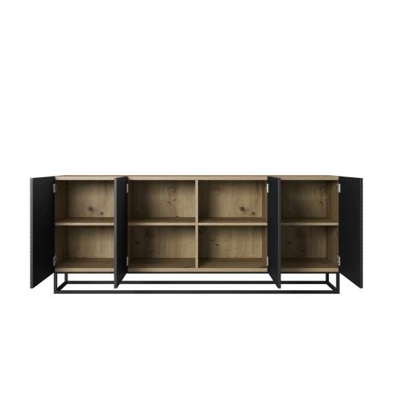 Skjenk Ash 200x81 cm - eik - sort - 4 dører - metallramme