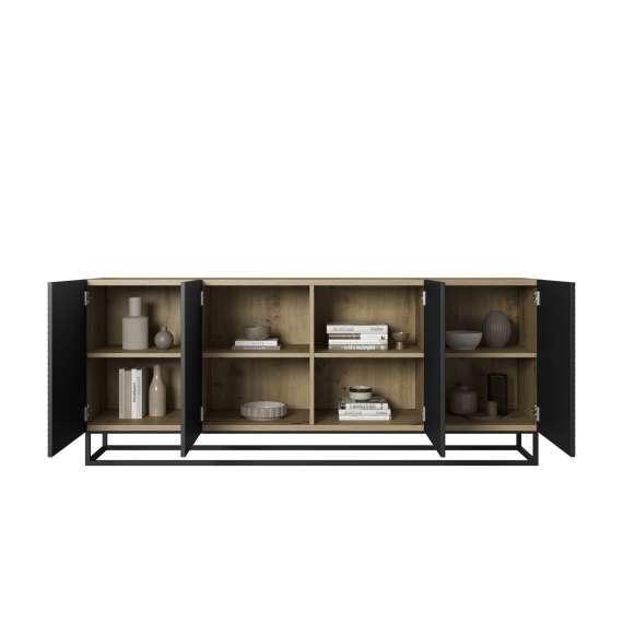 Skjenk Ash 200x81 cm - eik - sort - 4 dører - metallramme