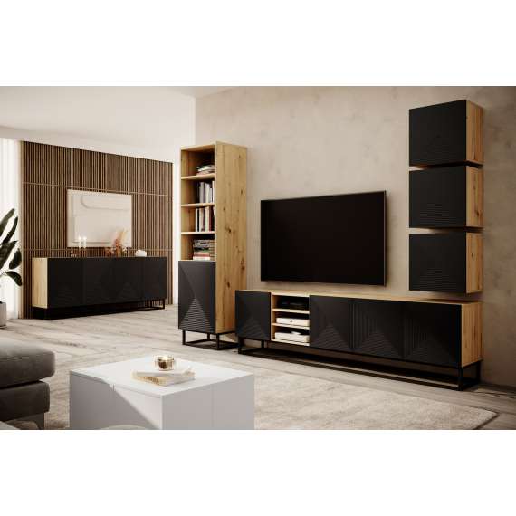 Skjenk Ash 200x81 cm - eik - sort - 4 dører - metallramme