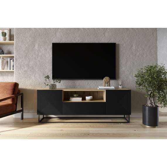 Tv-benk Ash 167x60 cm - eik - sort - 2 dører - 1 skuff