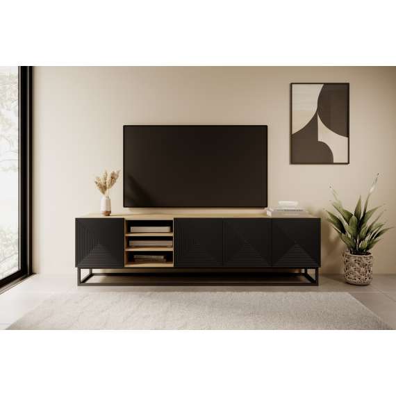 Tv-benk Ash 200x56 cm - eik - sort - 4 dører - hyller