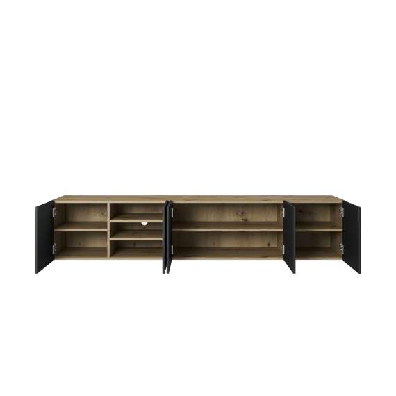 Tv-benk Ash 200x40 cm - eik - sort - 4 dører - hyller - vegghengt