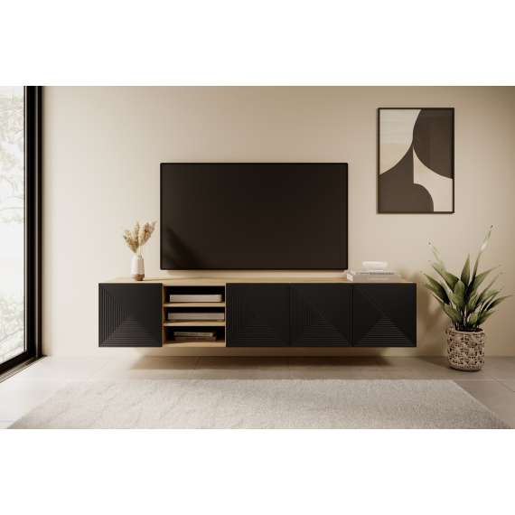 Tv-benk Ash 200x40 cm - eik - sort - 4 dører - hyller - vegghengt
