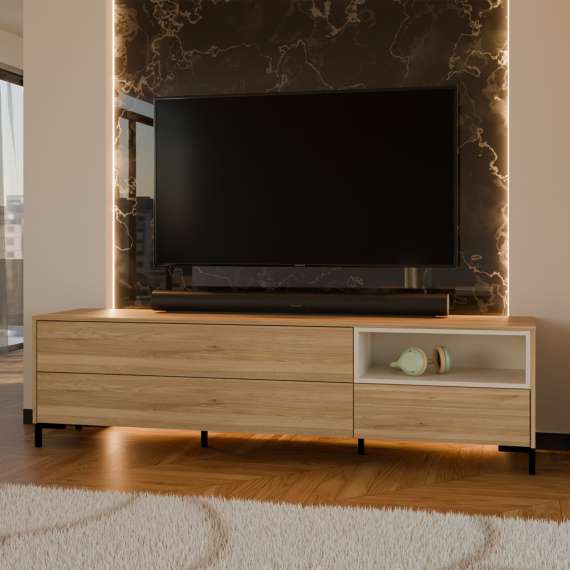 Tv-benk GALAC - 183x50 cm - 3 skuffer - eik mauvella - beige sand