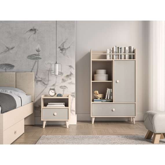 Nattbord MEVEL - 45x52 cm - ørkensand - grå pallad -1 skuff