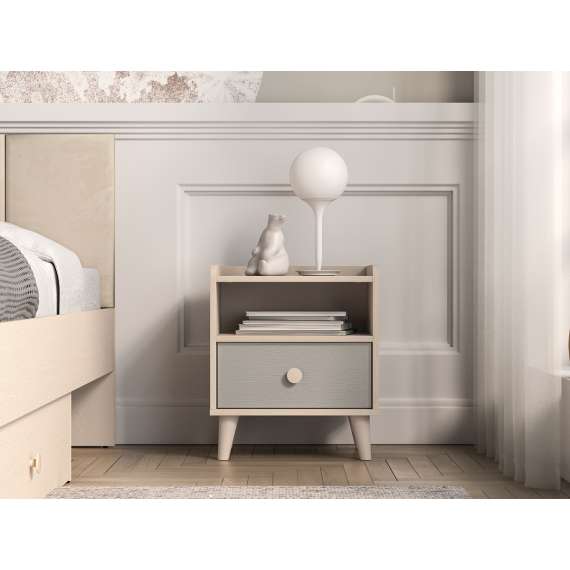 Nattbord MEVEL - 45x52 cm - ørkensand - grå pallad -1 skuff