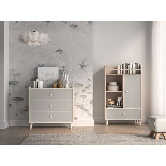 Kommode MEVEL - 90x85 cm - ørkensand - grå pallad -3 skuffer