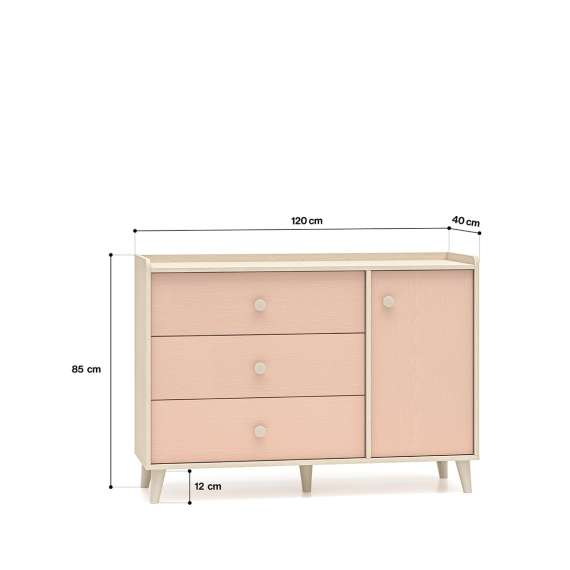 Skjenk MEVEL - 120x85 cm - ørkensand - pink millenial - 3 skuffer - 1 dør