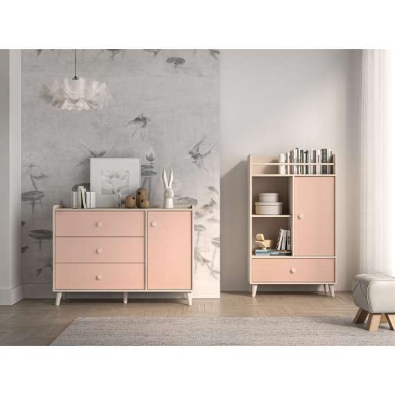 Skjenk MEVEL - 120x85 cm - ørkensand - pink millenial - 3 skuffer - 1 dør