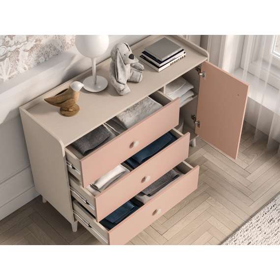 Skjenk MEVEL - 120x85 cm - ørkensand - pink millenial - 3 skuffer - 1 dør