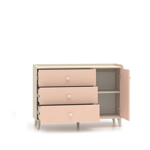 Skjenk MEVEL - 120x85 cm - ørkensand - pink millenial - 3 skuffer - 1 dør