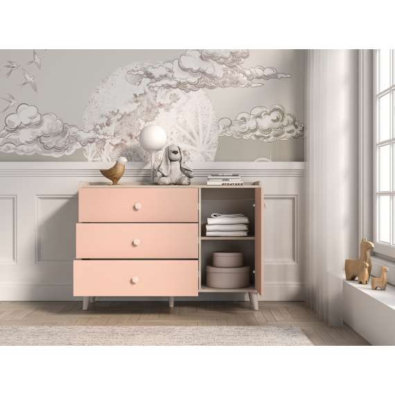 Skjenk MEVEL - 120x85 cm - ørkensand - pink millenial - 3 skuffer - 1 dør