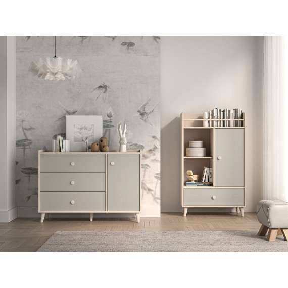 Skjenk MEVEL - 120x85 cm - ørkensand -grå pollad - 3 skuffer - 1 dør