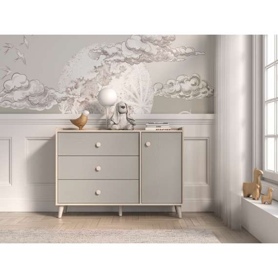 Skjenk MEVEL - 120x85 cm - ørkensand -grå pollad - 3 skuffer - 1 dør