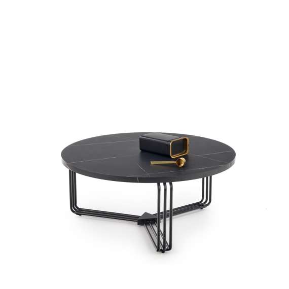 Sofabord ANTICA - Ø80 cm - svart marmor imitasjon - svart understell