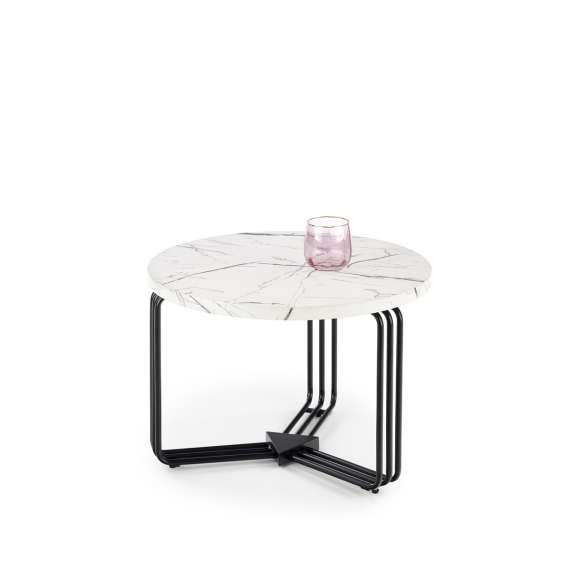 Sofabord ANTICA - Ø55 cm - hvit marmor imitasjon - svart understell