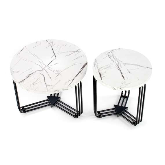 Sofabord ANTICA - Ø55 cm - hvit marmor imitasjon - svart understell