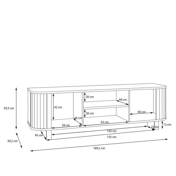 Tv-benk FORMS 189x59 cm - eik mauvela - 2 dører - avrundede kanter
