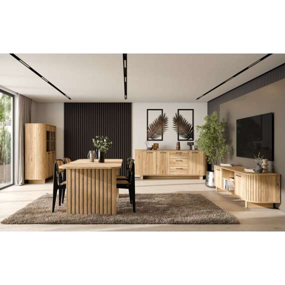 Skjenk FORMS 220x88 cm - eik mauvela - 3 dører - 3 skuffer - avrundede kanter