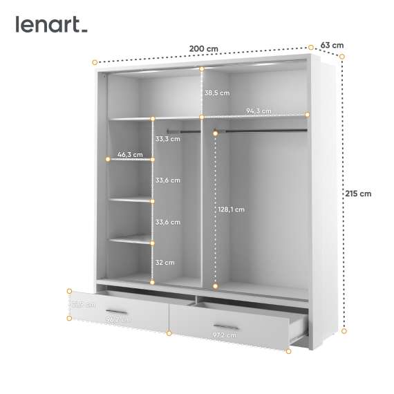 Garderobeskap Arti 200x215 cm - Hvit matt - LED
