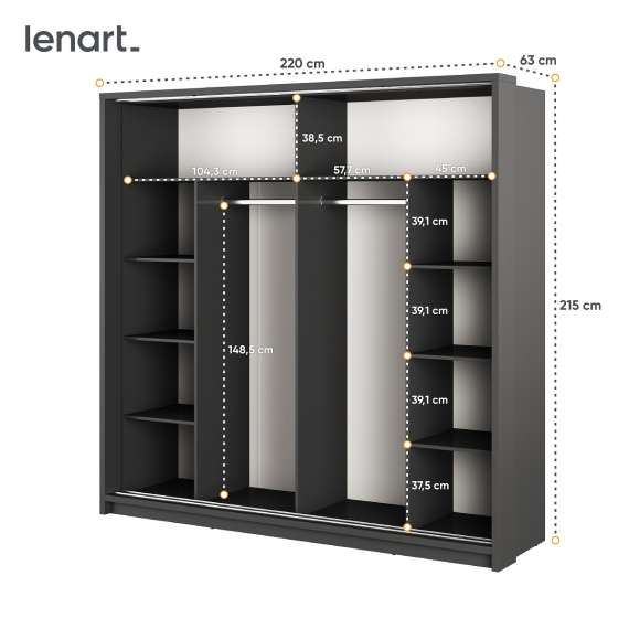 Garderobeskap Arti 220x215 cm - svart matt - LED