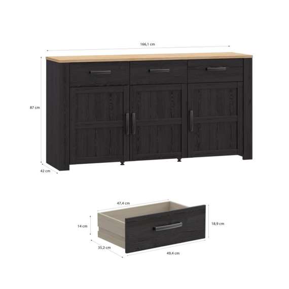 Skjenk Chisbury 166x87 cm - eik cabezone - eik riviera - 3 dører - 3 skuffer