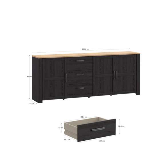 Skjenk Chisbury 221x87 cm - eik cabezone - eik riviera - 3 dører - 3 skuffer