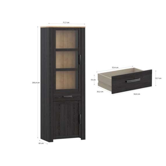 Vitrineskap Chisbury 72x205 cm - eik cabezone - eik riviera - 2 dører - 1 skuff
