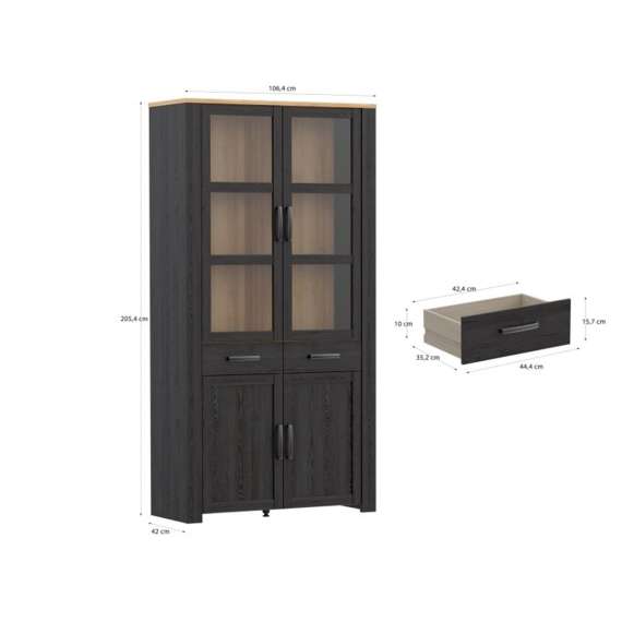 Vitrineskap Chisbury 106x205 cm - eik cabezone - eik riviera - 4 dører - 2 skuffer