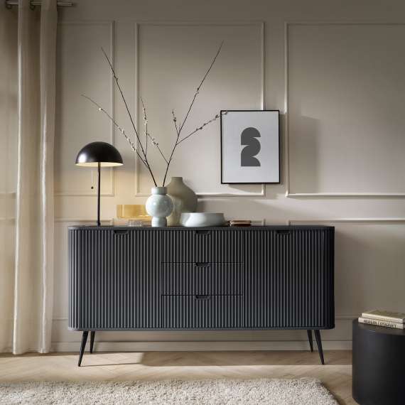 Skjenk Zova 168x87 cm - 2 dører - 3 skuffer - sort - metall ben