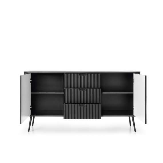 Skjenk Zova 168x87 cm - 2 dører - 3 skuffer - sort - metall ben