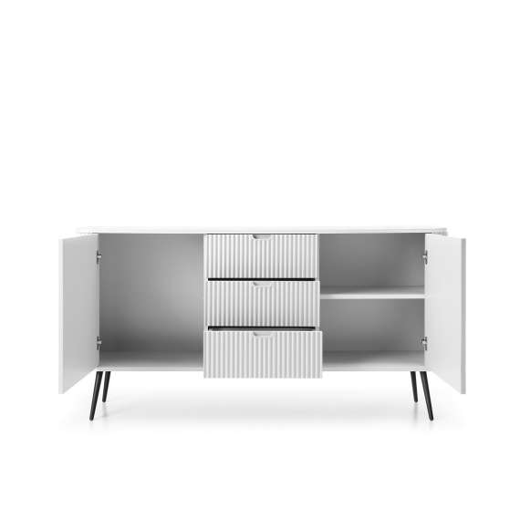 Skjenk Zova 168x87 cm - 2 dører - 3 skuffer - hvit - metall ben