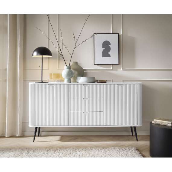 Skjenk Zova 168x87 cm - 2 dører - 3 skuffer - hvit - metall ben