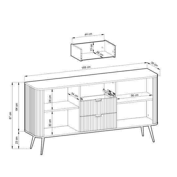 Skjenk Zova 168x87 cm - 2 dører - 3 skuffer - cashmere - metall ben