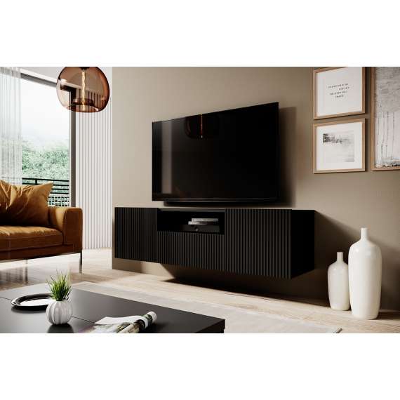 Vegghengt tv-benk NICOLE - 150x40 cm - svart matt - 2 dører - 1 skuff