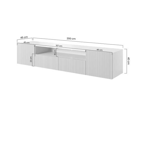 Vegghengt tv-benk NICOLE - 200x40 cm - svart matt - 2 dører - 2 skuffer