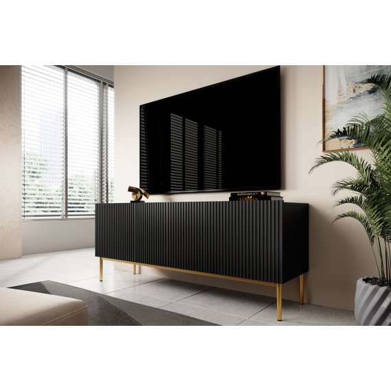 Tv-benk NICOLE - 150x53 cm - svart matt - 2 dører - 1 skuff - metall bein