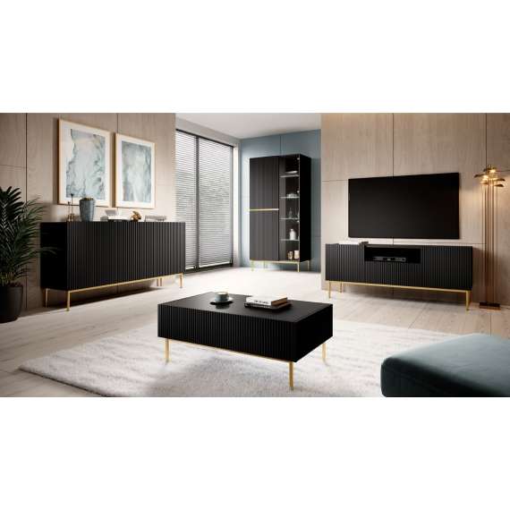 Tv-benk NICOLE - 150x60 cm - svart matt - 2 dører - 1 skuff - metall bein