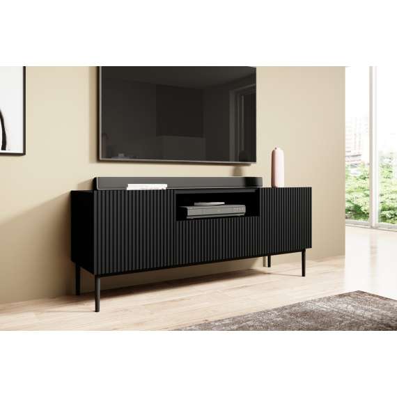 Tv-benk NICOLE - 150x60 cm - svart matt - 2 dører - 1 skuff - metall bein