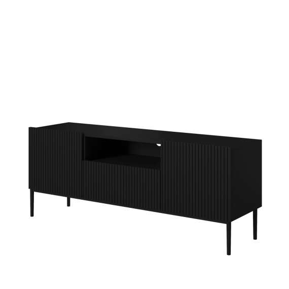 Tv-benk NICOLE - 150x60 cm - svart matt - 2 dører - 1 skuff - metall bein