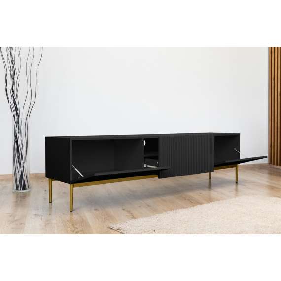 Tv-benk NICOLE - 200x53 cm - svart matt - 2 dører - 1 skuff - metall bein