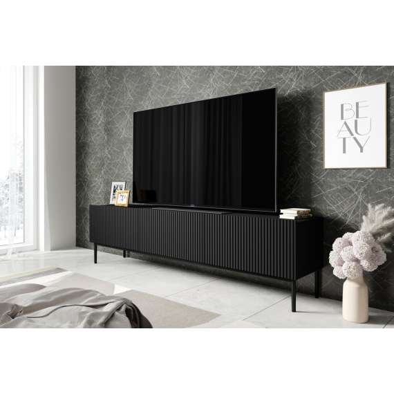 Tv-benk NICOLE - 200x53 cm - svart matt - 2 dører - 1 skuff - metall bein