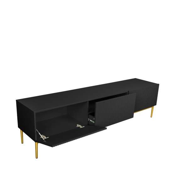 Tv-benk NICOLE - 200x53 cm - svart matt - 2 dører - 1 skuff - metall bein