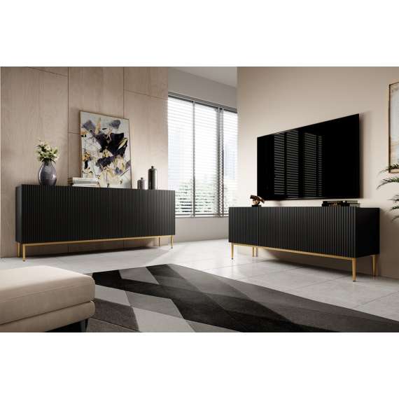 Tv-benk NICOLE - 200x53 cm - svart matt - 2 dører - 1 skuff - metall bein