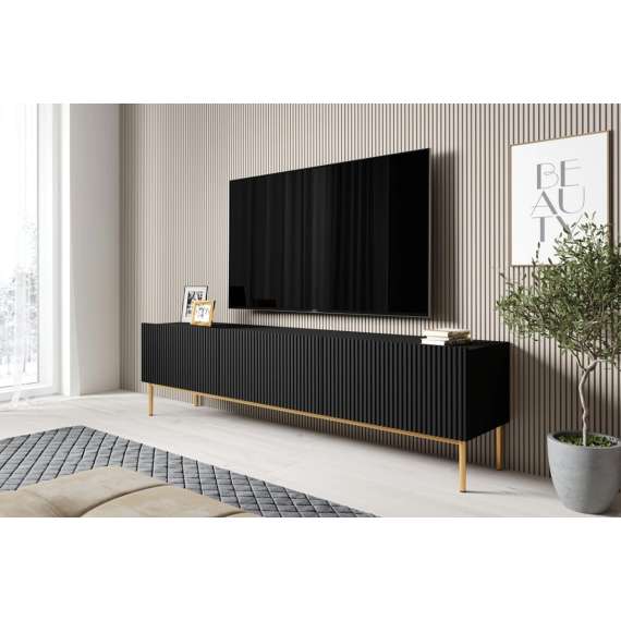 Tv-benk NICOLE - 200x53 cm - svart matt - 2 dører - 1 skuff - metall bein